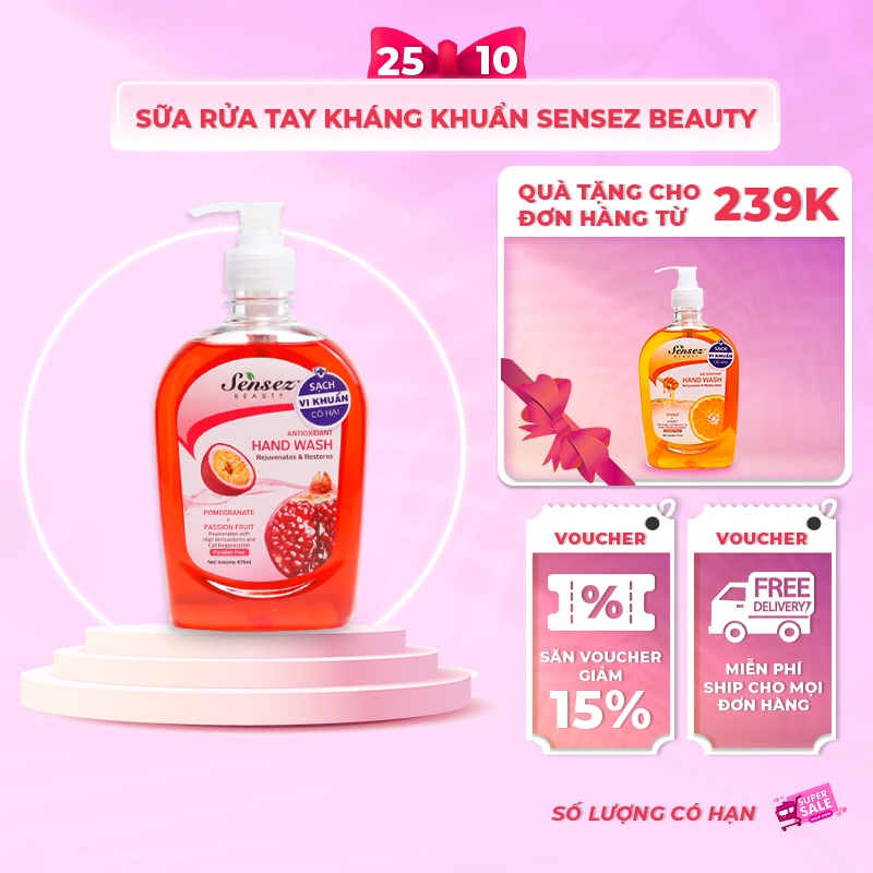 Nước Rửa Tay Chai Dưỡng Da Diệt Khuẩn Sensez Beauty Xà Bông Rửa Tay Dưỡng Ẩm Mềm Da 475ml - Hương Lựu