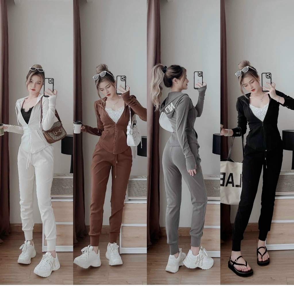 Sét bộ áo tay dài có mũ in chữ có khóa kéo kèm quần dài ( ko kèm lót) mặc đi chơi thoải mái