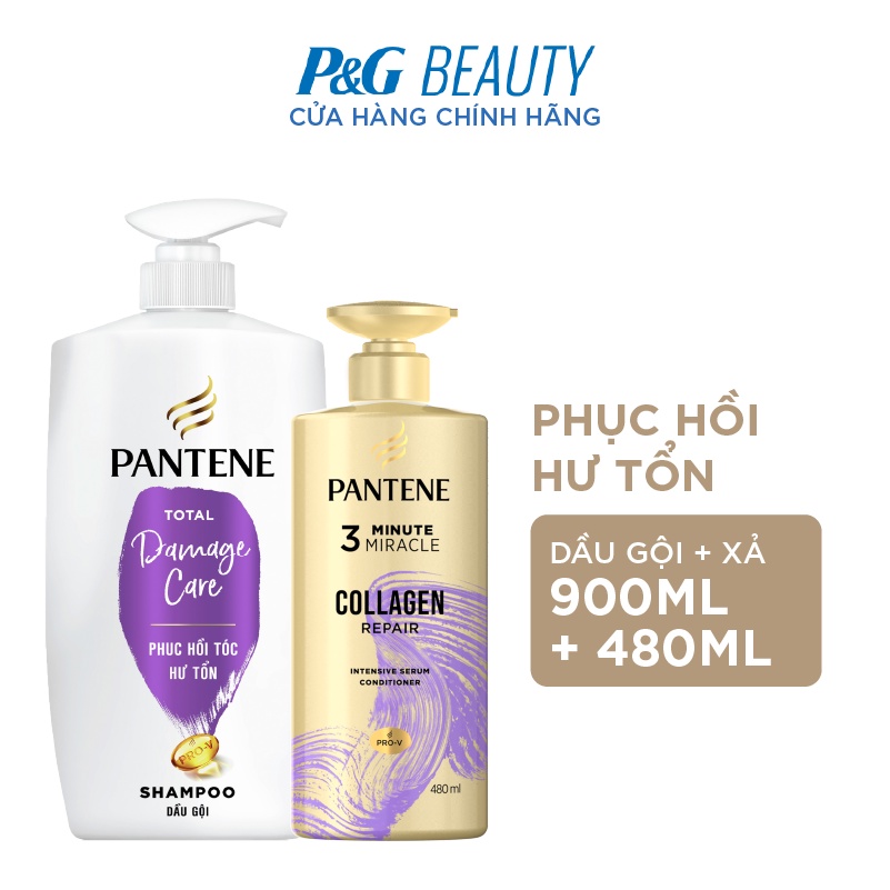 Combo Pantene Phục Hồi Hư Tổn: Dầu gội 900ml + Kem xả 3MM 480ml