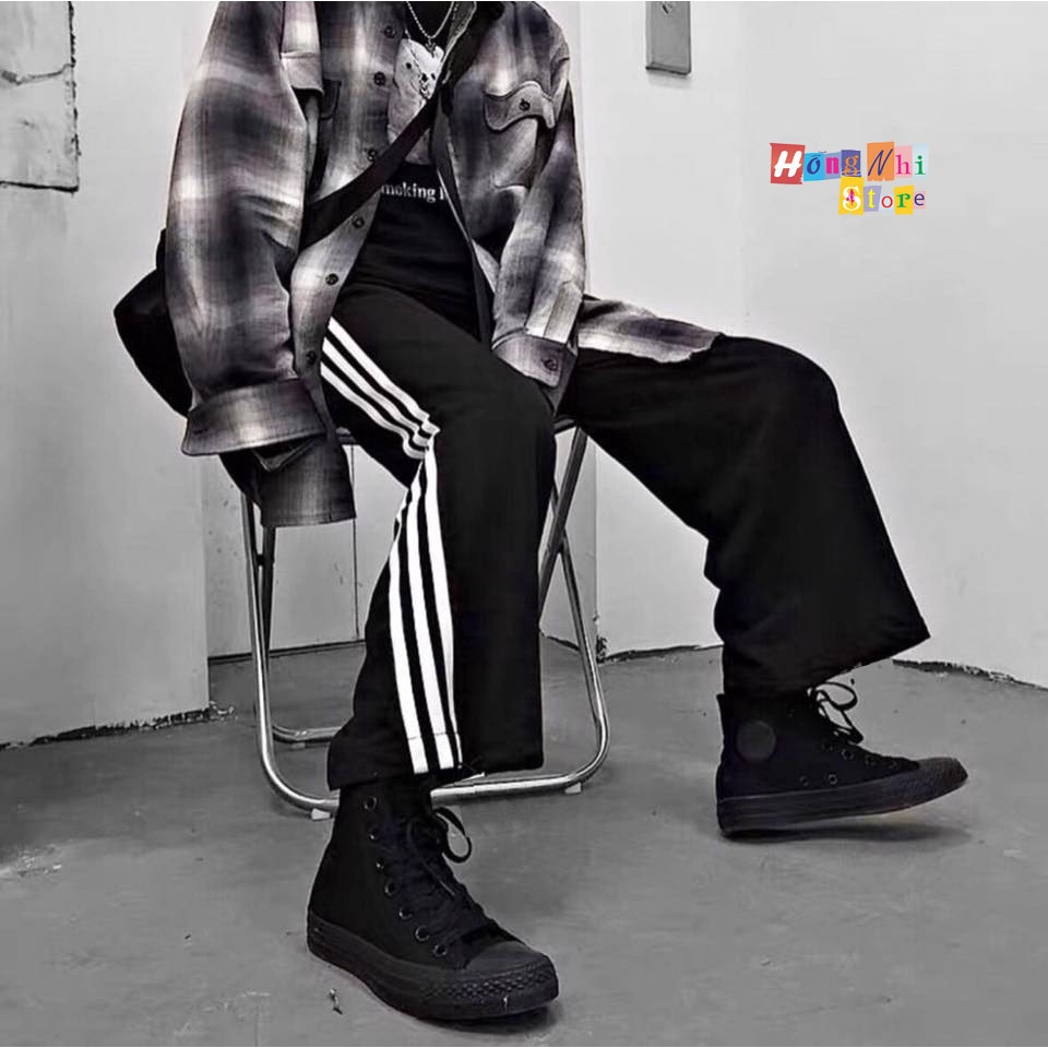 Quần Thun Thể Thao Màu Đen 3 Sọc Trắng Dáng Rộng Line Side Stripe Pants Unisex Oversize Ulzzang - MM