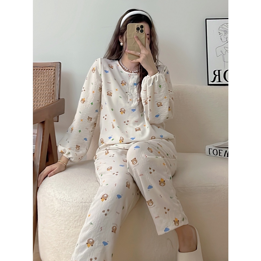 [Ảnh thật/Sẵn] Bộ đồ ngủ họa tiết dễ thương nhiều màu dài tay cổ tròn ulzzang