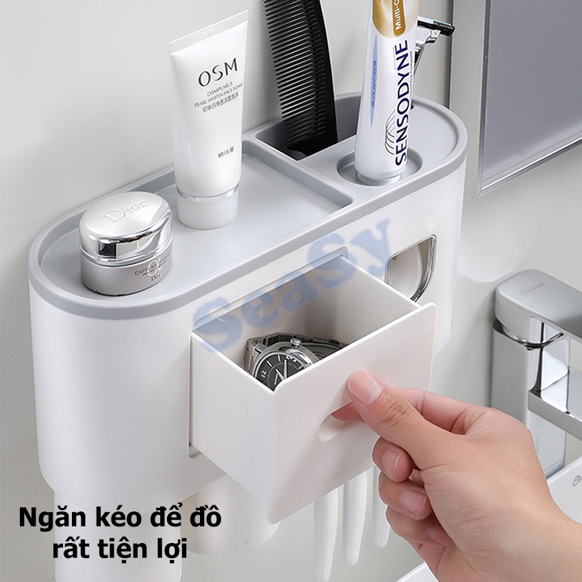 Bộ nhả kem đánh răng tự động SeaSy OENON SS05 kèm giá treo bàn chải - kệ để đồ phòng tắm dán tường cao cấp