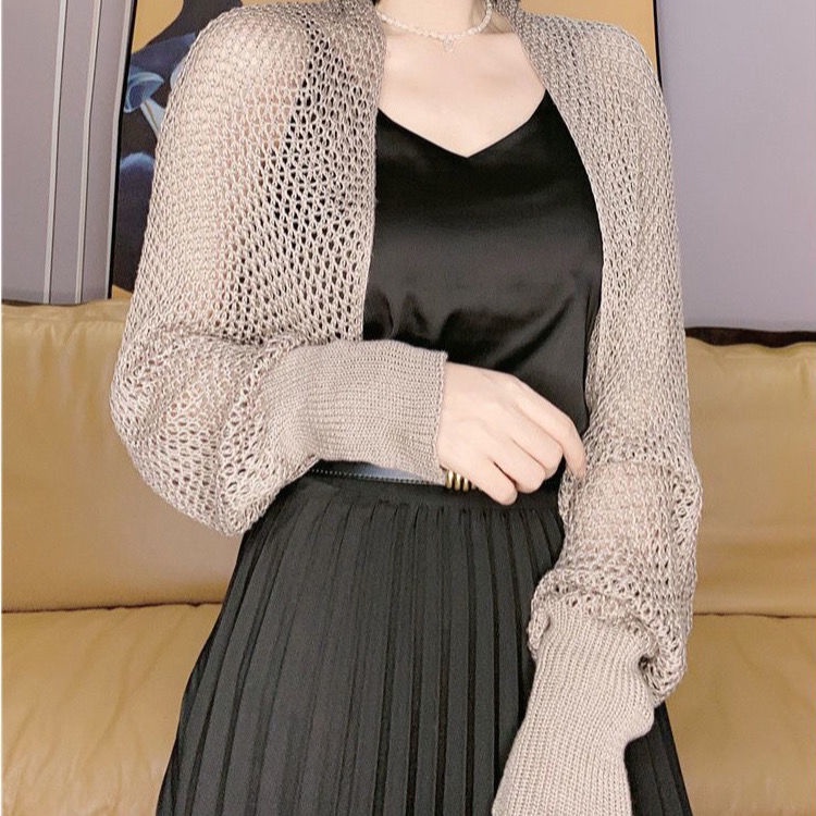 Áo Khoác Cardigan Dệt Kim Mỏng Dáng Ngắn Phối Lưới Thời Trang Mùa Hè Cho Nữ
