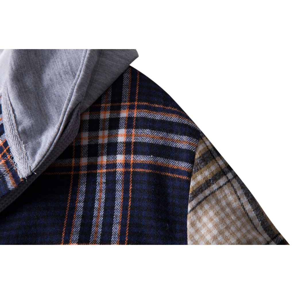 Áo Khoác Sơ Mi Nam Tay Dài Có Nón Phối Túi Họa Tiết Caro Thời Trang Thu Đông 2022