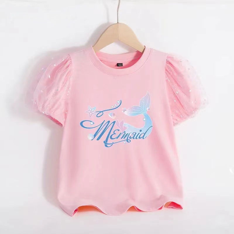 Áo Thun Tay Ngắn Phồng Bằng Cotton In Họa Tiết Dành Cho Bé Gái