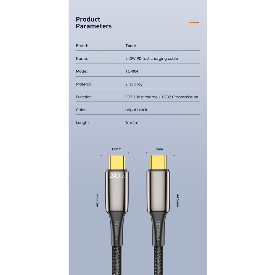 Cáp sạc nhanh Toocki PD 240W Type C USB 1m/ 2m cho laptop điện thoại máy tính bảng