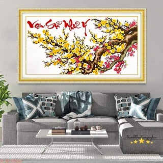 Tranh thêu chữ thập hoa mai vạn sự như ý 1m14 x 64cm