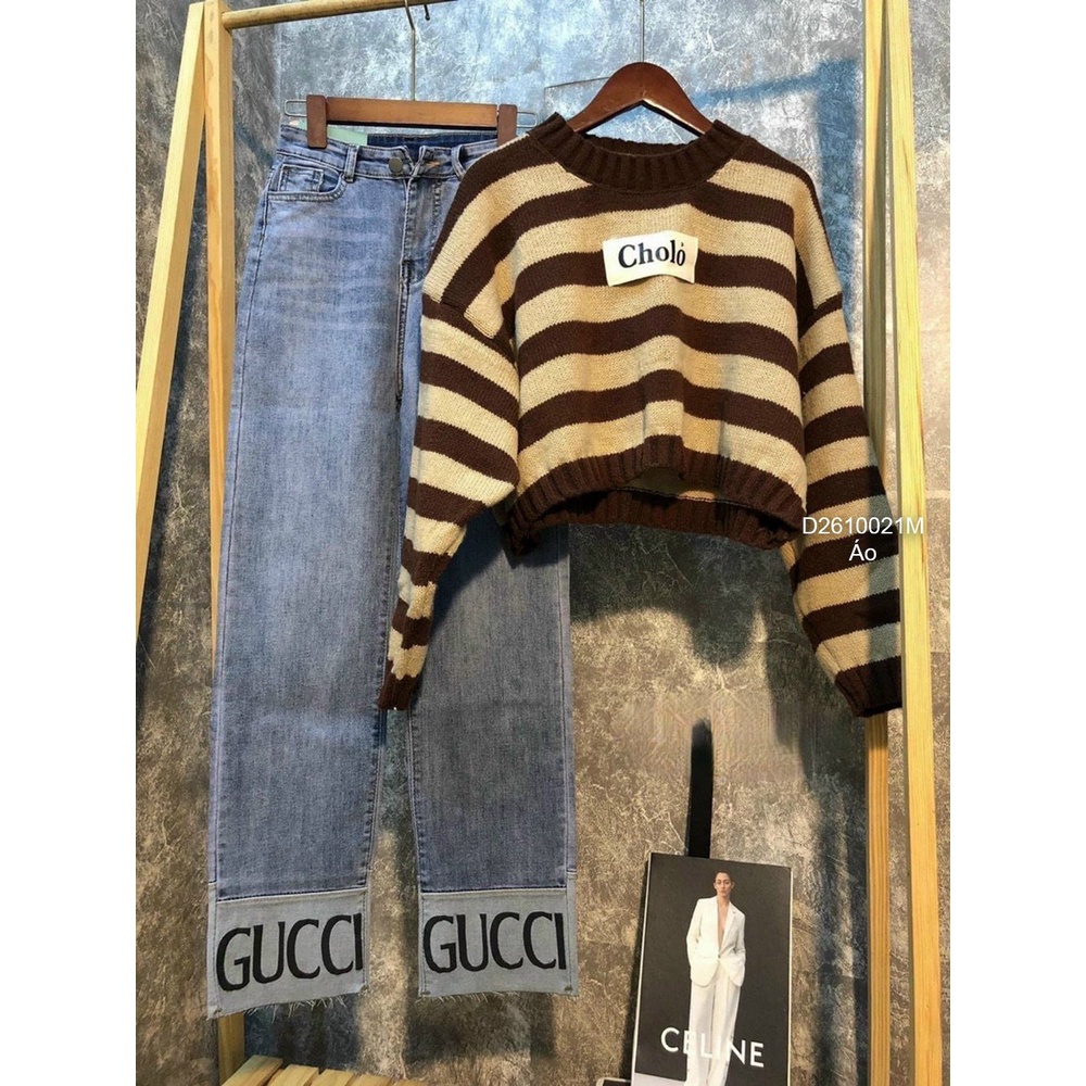 Áo len sọc dáng croptop chữ Cholo hàng nhập QC