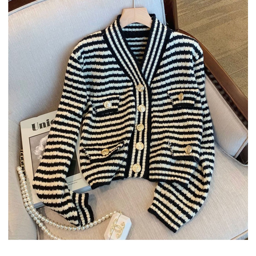 Áo Khoác Cardigan Dệt Kim Dáng Ngắn Kẻ Sọc Kiểu Retro Thời Trang Mùa Thu 2022 Cho Nữ