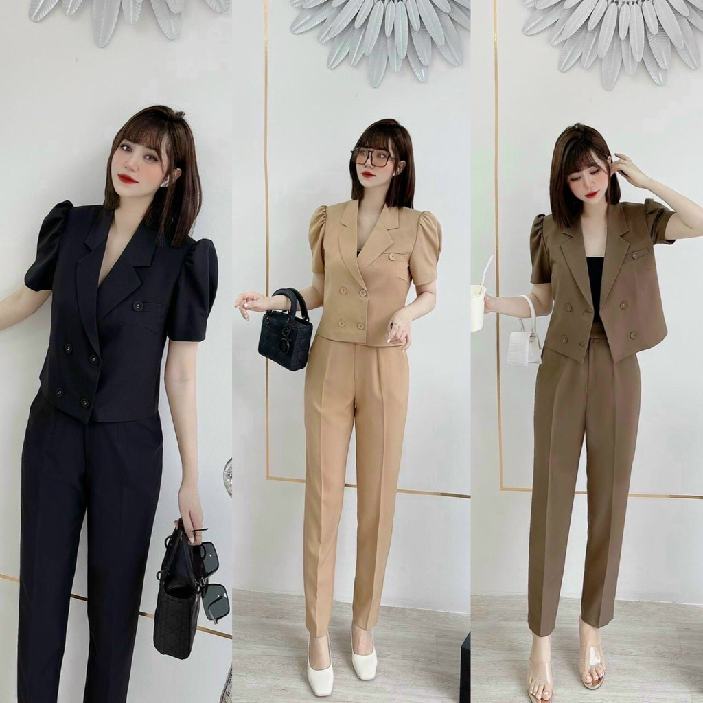 Sét Bộ Đồ Nữ 3 Món Lót Trong Cotton Phối Áo Ngoài Vest Cài Nút Thật Kèm Quần Dài Thiết Kế Sang Chảnh Đi Làm Công Sở