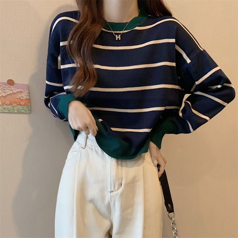 Áo Sweater Dệt Kim Tay Dài Dáng Rộng Họa Tiết Kẻ Sọc Thời Trang Xuân Thu Cho Nữ
