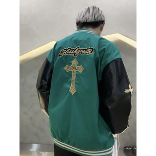 Áo khoác bomber varsity kaki phối tay da hình thêu chữ thập nam nữ unisex nam nữ