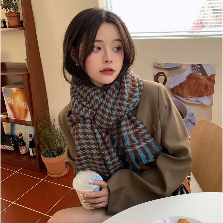 Khăn len quàng cổ kẻ caro màu tối unisex phong cách Hàn Quốc có 4 màu đẹp sf1006