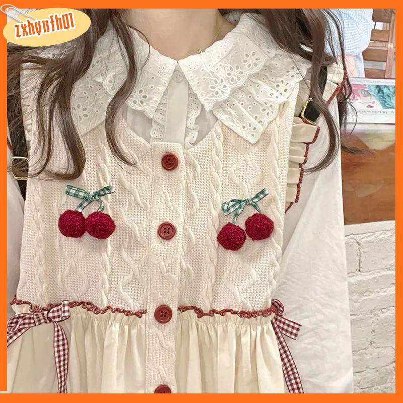 áo ghi lê nữ Áo Dệt Kim Không Tay Dáng Rộng In Hình Cherry Đính Nơ Dễ Thương Phong Cách Nhật Bản
