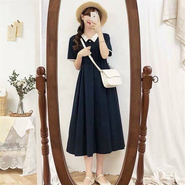 [11.11 Sale Freeship] Đầm cổ V tay ngắn phối trắng,váy tiểu thư nữ dài dáng xếp ly nhúm eo thanh lịch trẻ trung mtb