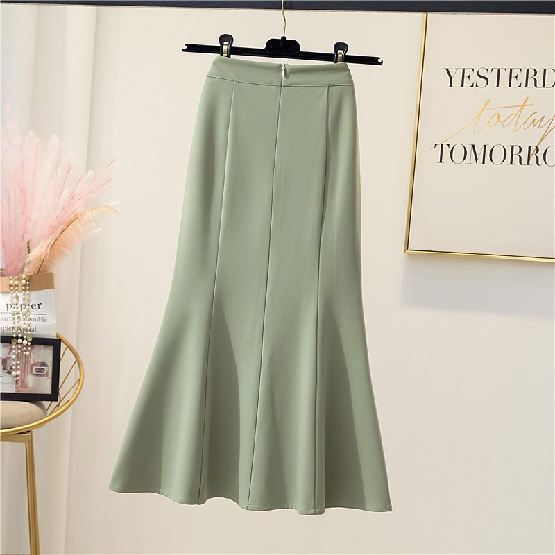 UIOWOO  Chân Váy Đuôi Cá Dáng Dài Xẻ Tà Màu Đen Lưng Cao Thời Trang Quyến Rũ Cho Nữ Thời trang rắn màu