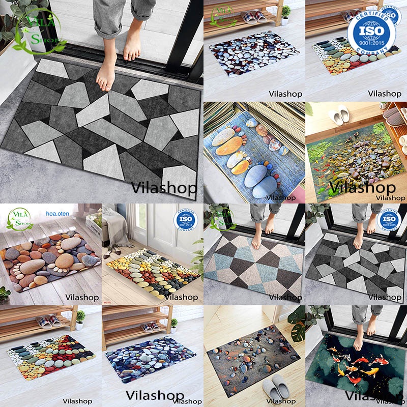 Thảm 3D Lau Chân Hình Sỏi Đá, Thảm Sàn Nhà Chống Trơn Trượt 3D Nhiều Mẫu Hình Kẻ, Thấm Hút Tốt, Kích Thước (60x40cm)
