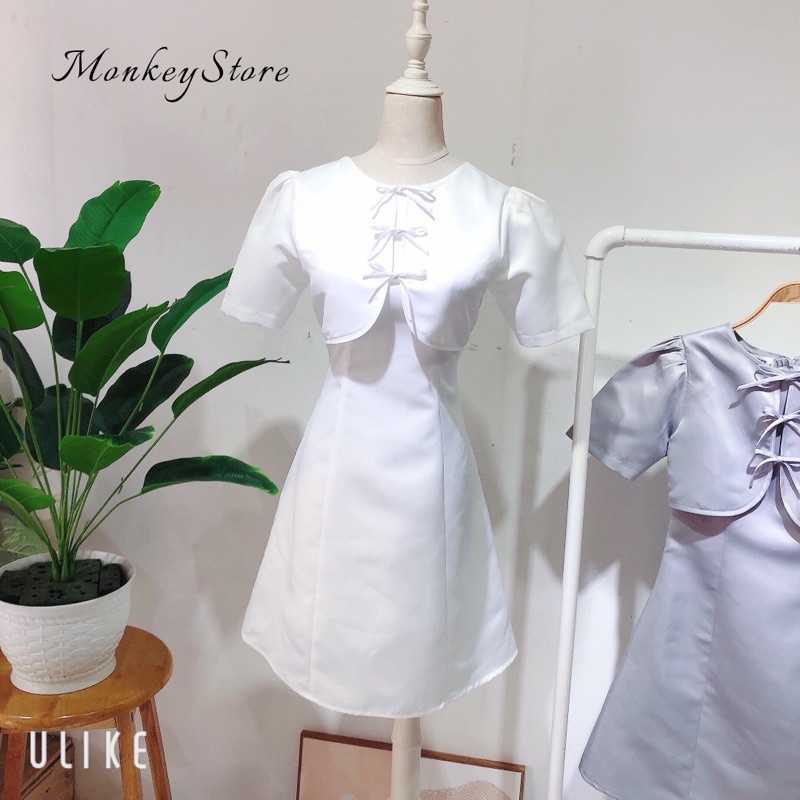 MonkeyStore . Váy thiết kế đính 3 nơ giả khoác chất liệu tafta phi