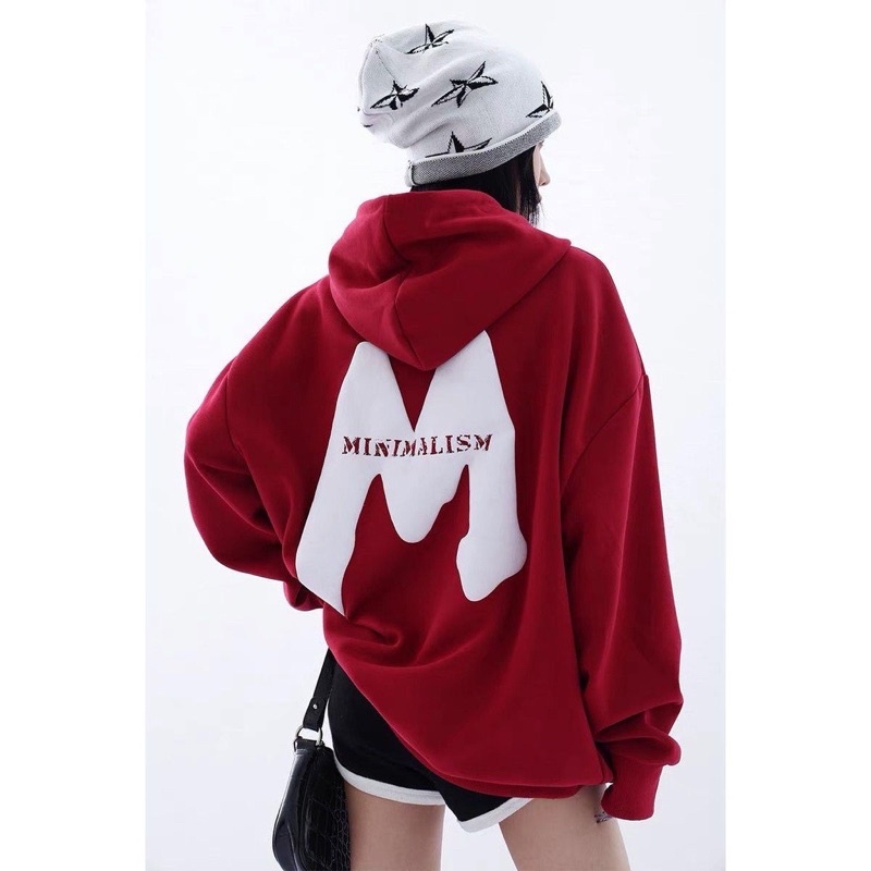 áo hoodie nỉ bông mũ 2 lớp dây rút.tay bồng có túi in chữ M