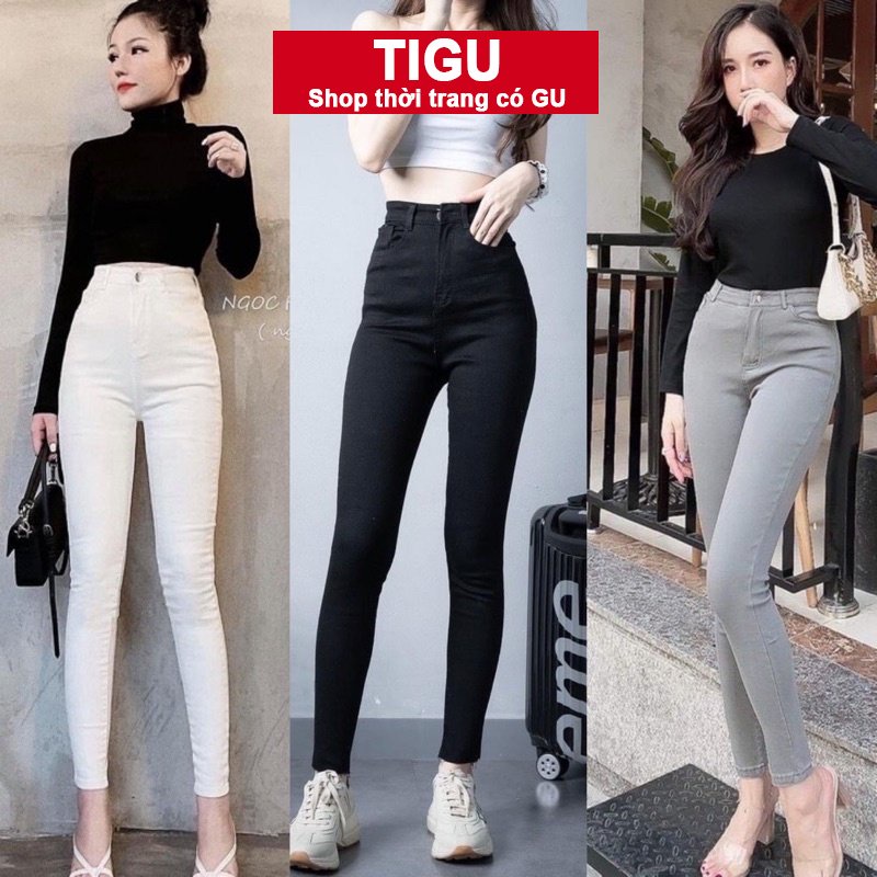 Quần jeans nữ TIGU vải bò giấy lưng cao siêu co giãn ống đứng dáng dài màu đen xám trắng M54