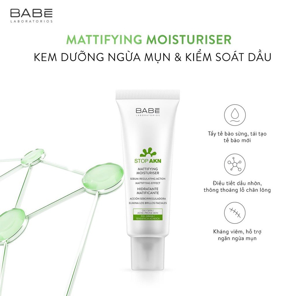 Kem dưỡng BABÉ Stop AKN Mattifying Moisturiser cho da dầu mụn 50ml - AJAS SKINLAB