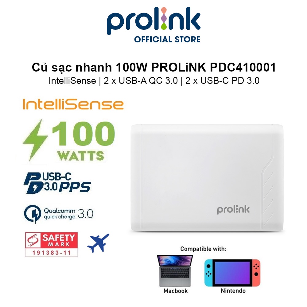 Củ sạc nhanh 100W PROLiNK PDC410001, 4 cổng (2xUSB-A QC 3.0 & 2xUSB-C PD 3.0) IntelliSense, sạc điện thoại, laptop