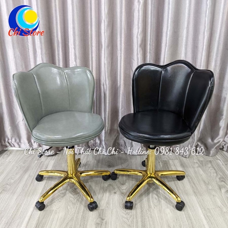 Ghế Ngồi Trang Điểm Tựa Sen Siêu Xinh Xoay 360 Độ, Ghế Livestream, Ngồi Văn Phòng Bọc Da Cao Cấp Bánh Xe Chân Vàng