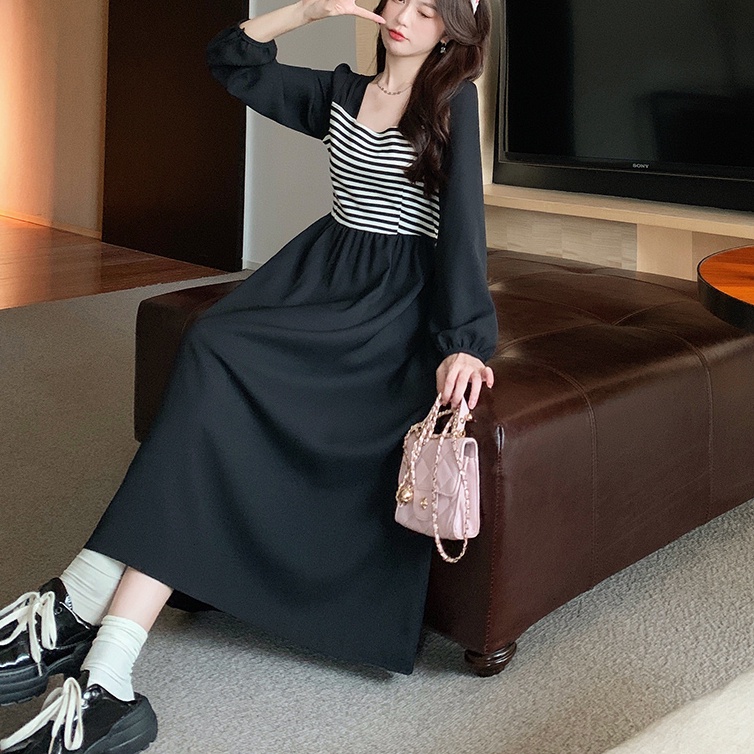 Đầm maxi SUXI dài tay cổ vuông họa tiết kẻ sọc phong cách Hàn Quốc thời trang cho nữ