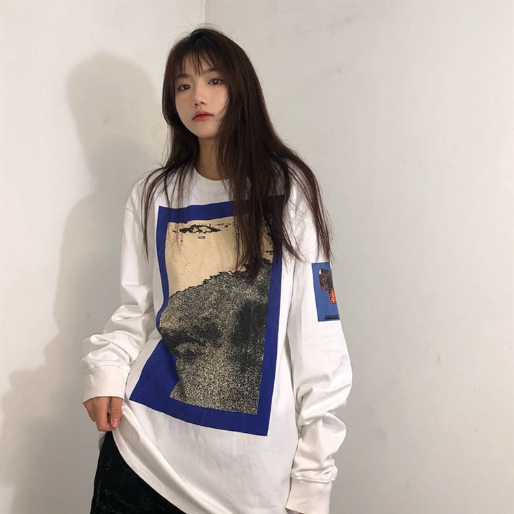 NRVP Áo thun nữ dài tay dáng rộng in hình phong cách Hàn Quốc kiểu