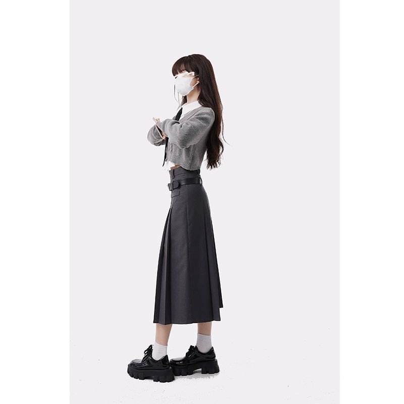 Set Áo Sơ Mi Xám Và Chân Váy Dài Lưng Cao Thời Trang Mùa Thu Cho Nữ