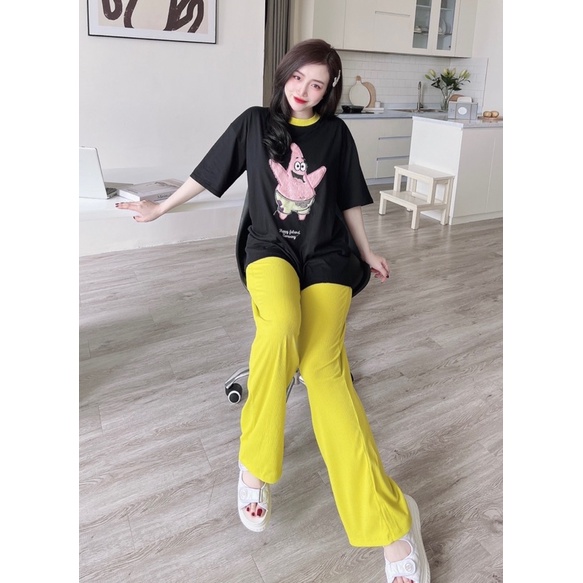 Set áo cotton đen phối cổ hình thêu quần suông gân