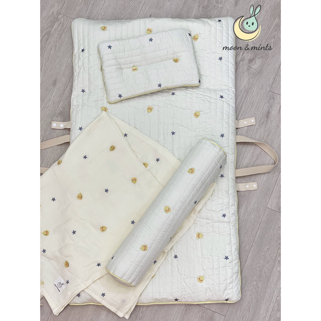 Chăn xô sợi gạc organic muslin Moon&Mints thêu gấu, thỏ cho bé, 4 lớp phong cách Hàn quốc