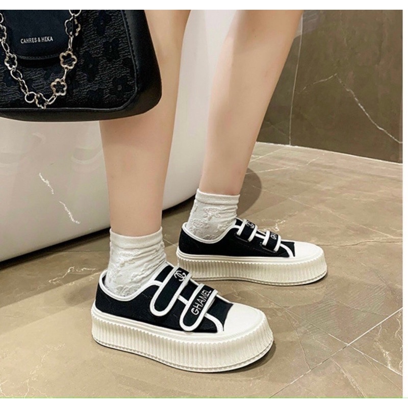 Bán Sỉ-Giày thể thao vải quai dán thêu chữ đế bánh mì ulzzang