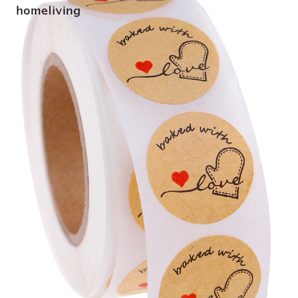 Cuộn 500 Miếng Dán Trang Trí Hình Tròn Bằng Giấy Kraft Tự Nhiên In Chữ Baked with Love