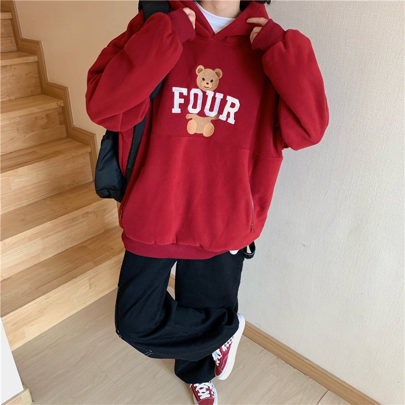 SUXI Áo Hoodie Lông Cừu Dáng Rộng In Họa Tiết Hoạt Hình Phối Khóa Kéo Thời Trang Thu Đông Cho Nữ