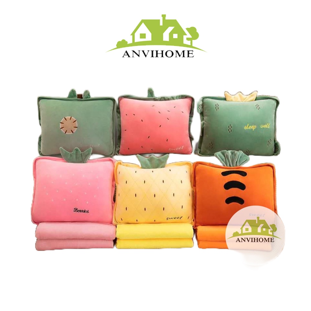 Gấu Bông có mền ANVIHOME, Bộ chăn gối văn phòng hình hoa quả trái cây vuông