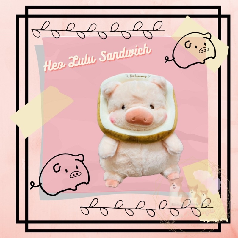 Gấu bông heo lợn Lulu Pig đội bánh mì sandwich lông xù mịn mập ú đáng yêu