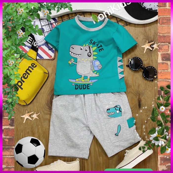 Đồ Bộ Bé Trai Size 10kg-40kg Thun Cotton Co Giãn 4 Chiều Mềm Mịn Siêu Mát Hình Khủng Long.1590.1