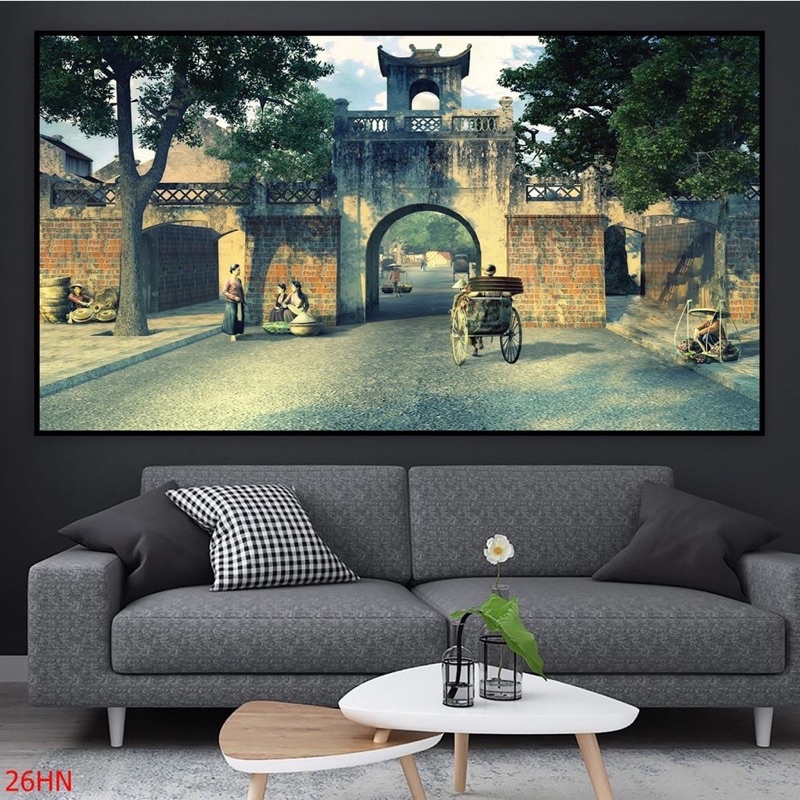 tranh tráng gương đính đá hà nội xưa 50x75cm sẵn treo