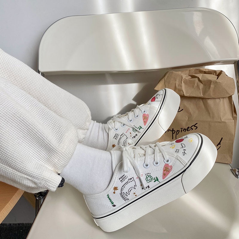 Giày Vải Canvas Màu Trắng Họa Tiết Nhí Vẽ Tay Xu Xiaonuo Dễ Thương  BM018-Molita