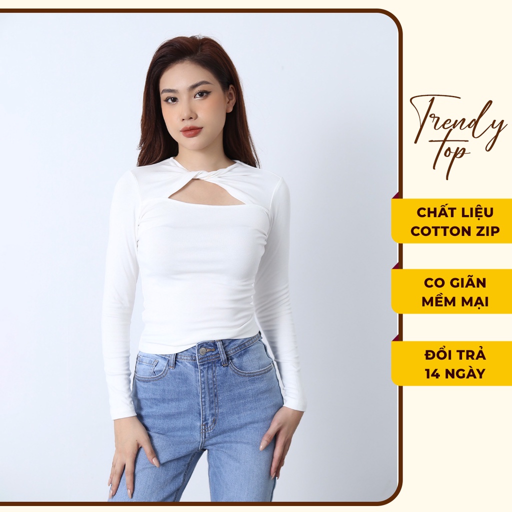 Áo thun tay dài - Áo kiểu nữ xoắn ngực cổ tròn dáng ôm, TRENDY TOP