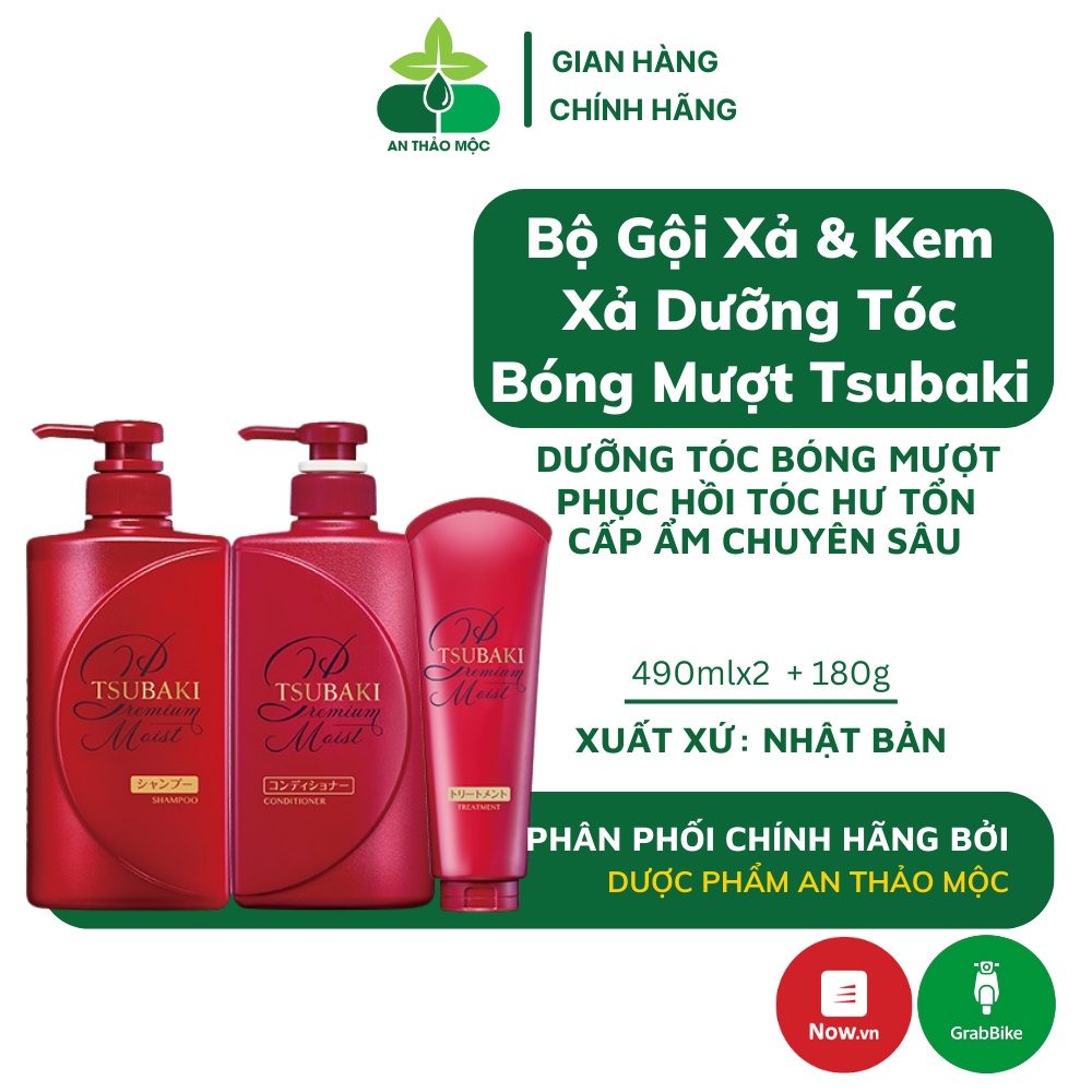 Combo gội xả và kem xả Tsubaki Premium Moist dưỡng tóc bóng mượt phục hồi tóc hư tổn khô sơ.