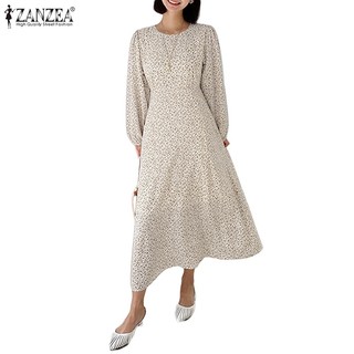 Đầm dài ZANZEA cổ tròn tay dài cài nút sau lưng in họa tiết vintage cho nữ tùy chọn màu sắc