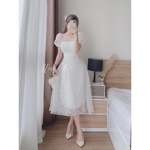 Đầm hoa nổi thắt lưng sau shop nina le