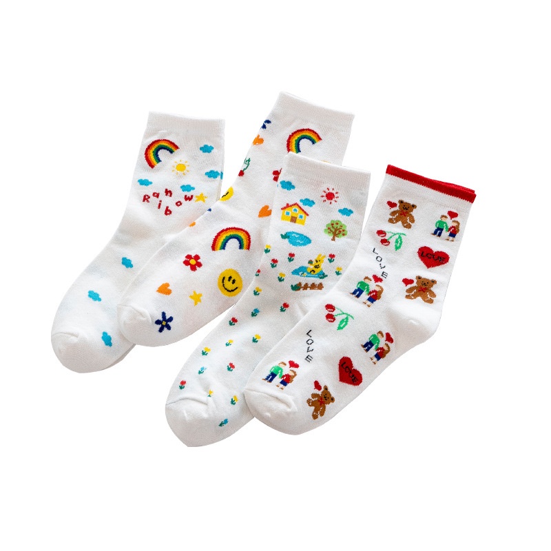 Đôi vớ WAFNHA D602 bằng cotton mềm mại cổ trung họa tiết hoạt hình dễ thương xinh xắn