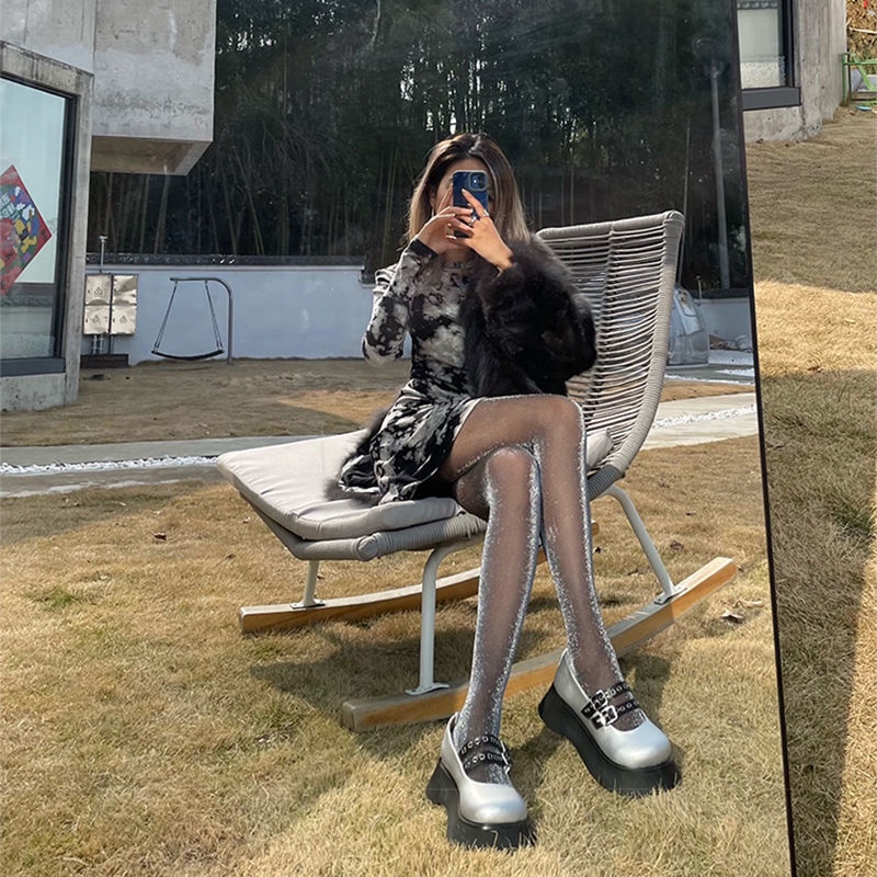 Quần Tất Lụa Mỏng Màu Đen Đính Ngọc Trai Bạc Lấp Lánh Quyến Rũ Phong Cách Mới Quyến Rũ Cho Nữ