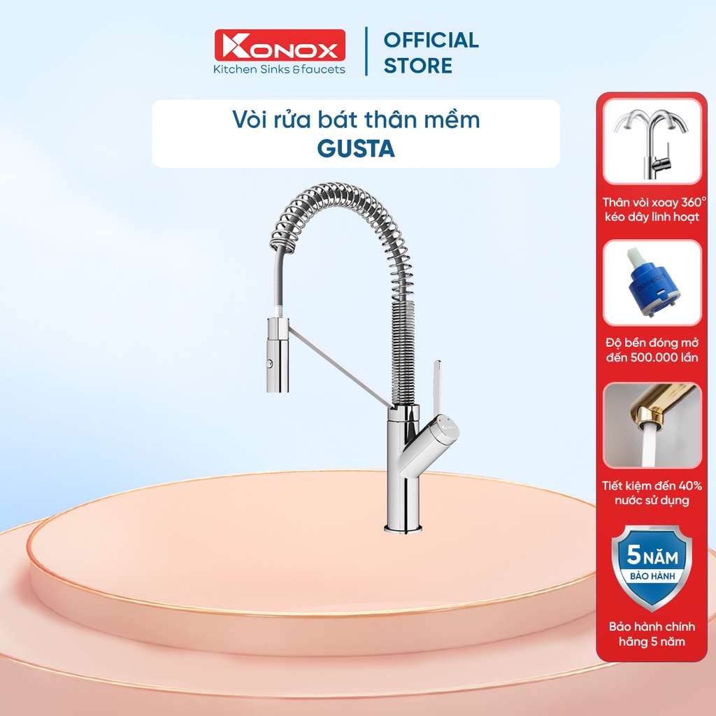 Vòi rửa bát rút dây KONOX Gusta, bề mặt xử lý mạ PVD Chrome 5 lớp, lõi hợp kim đồng 61% tiêu chuẩn Châu Âu CW617N