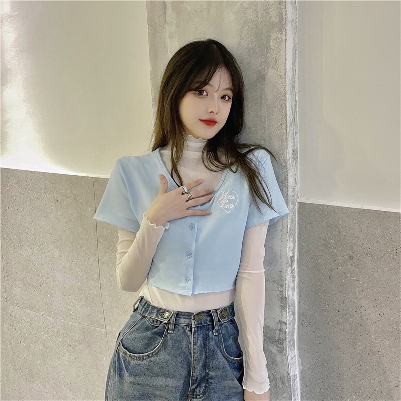 Set Áo Thun Ngắn Tay + Áo Lưới Cổ Chữ V Thời Trang Nữ