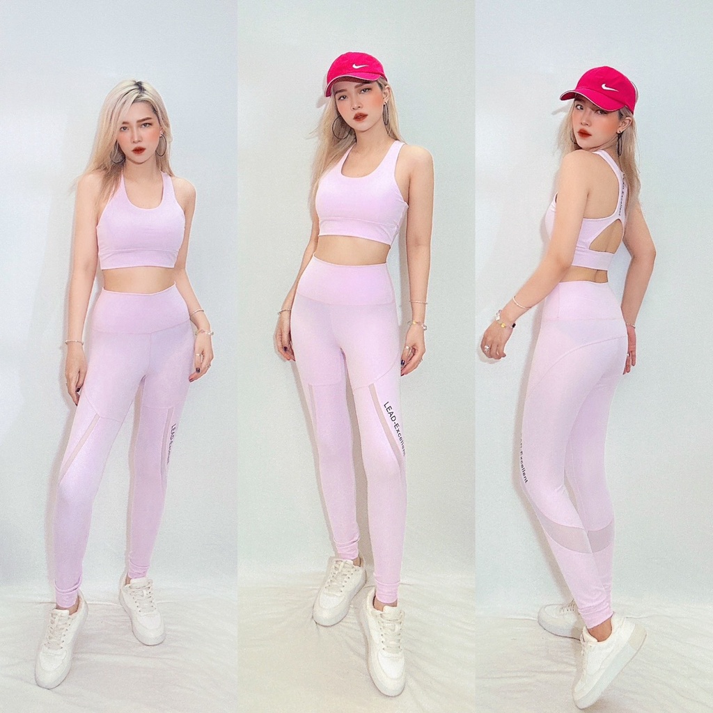 Bộ quần áo tập gym nữ phối lưới Lead, đồ thể thao yoga, erobic nữ có mút đệm ngực- (D13/Q12)