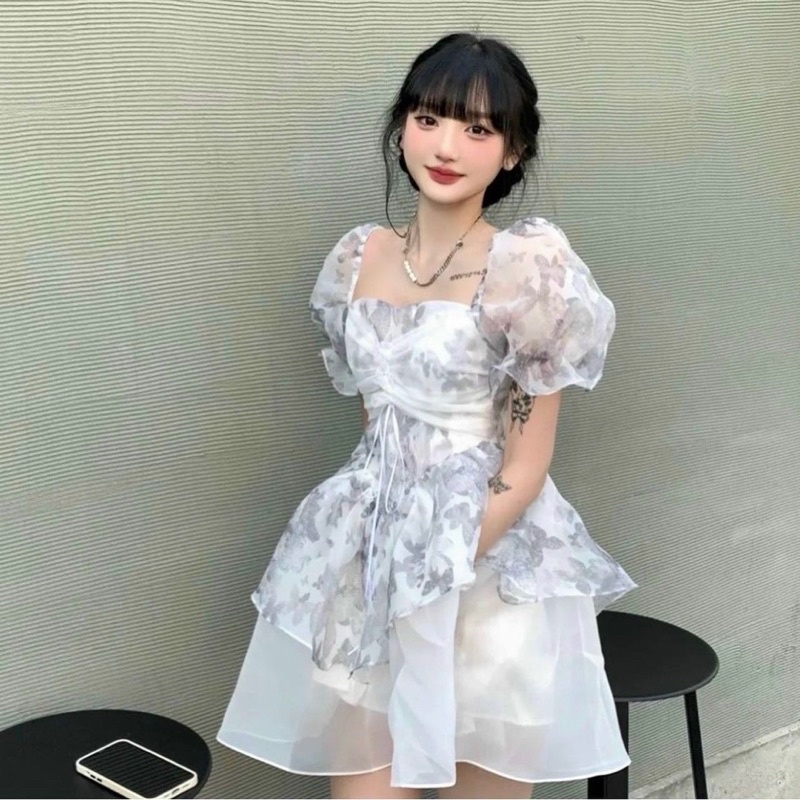 ĐẦM VOAN HOA ĐAN DÂY NGỰC TAY PHỒNG